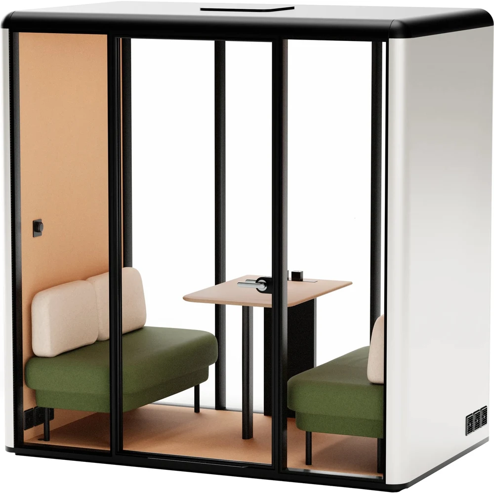Akustikkabine ESSEN L für 4 Personen mit Tisch und Sofas in Warmweiß