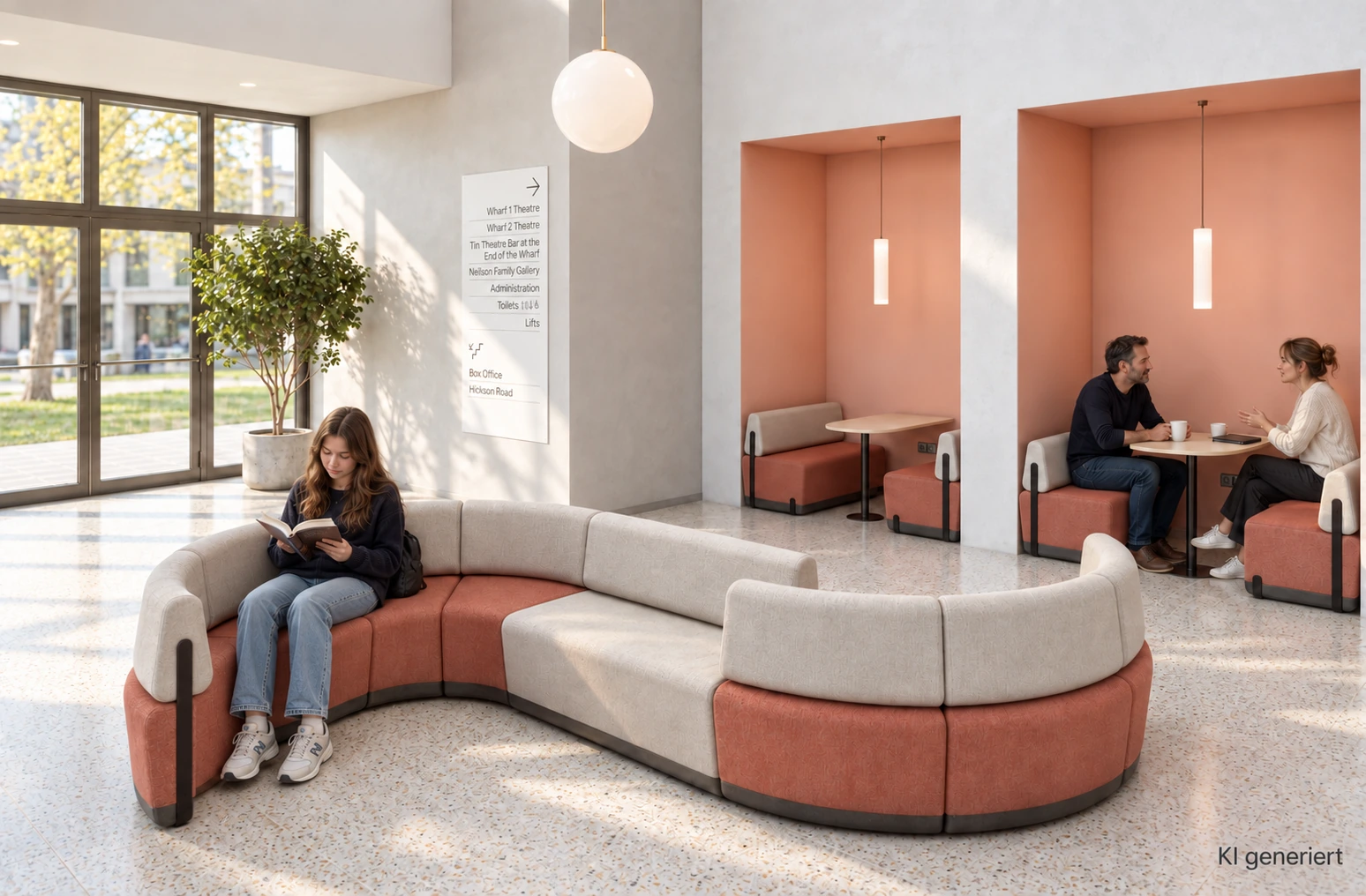 KI-generierte Raumidee mit geschwungener Sitzgruppe in Beige und Ziegelrot sowie Sitznischen in einem hellen Foyer