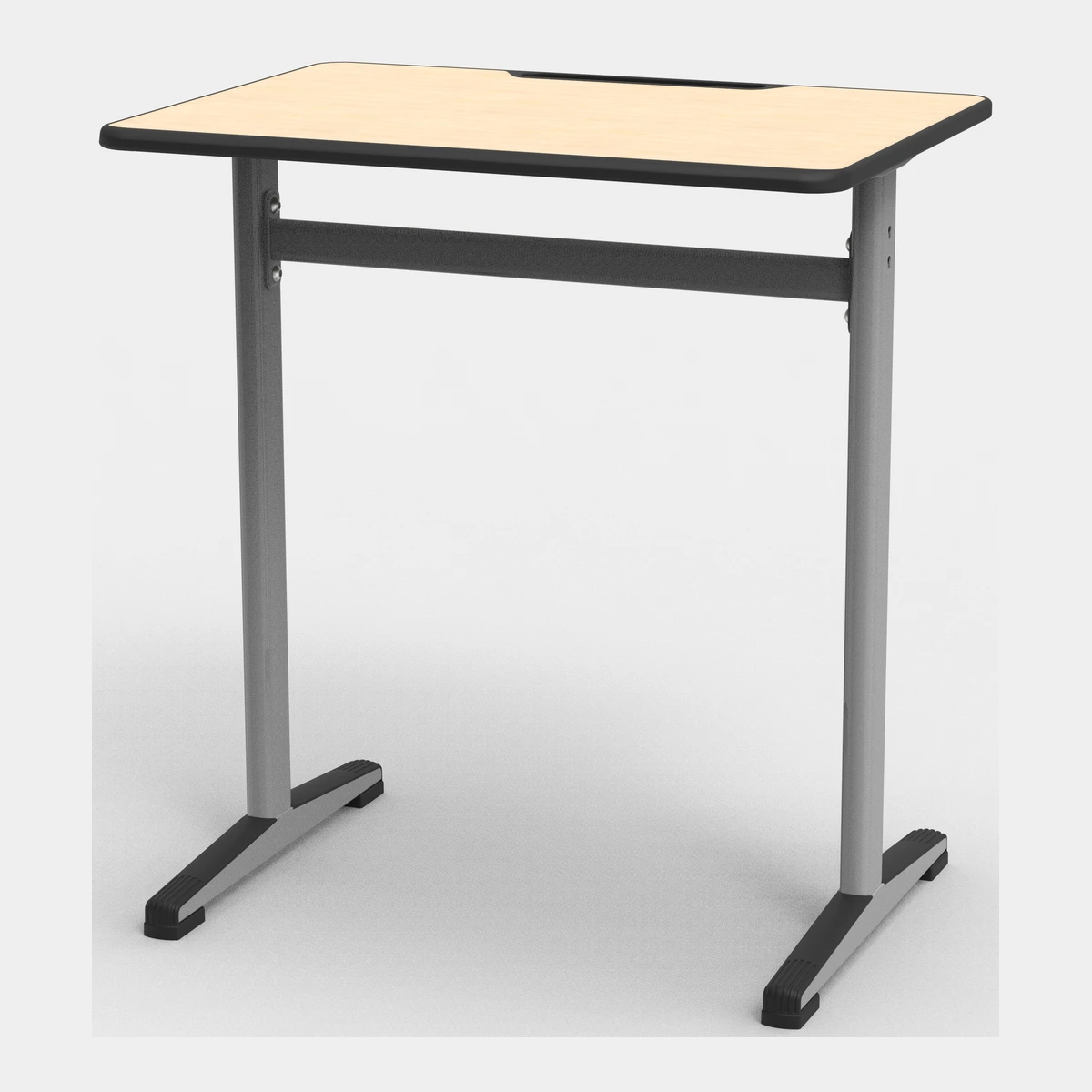 Tisch für eine Person mit Tischplatte in Buche, schwarzer Kante und grauem Gestell ohne Drahtkorb