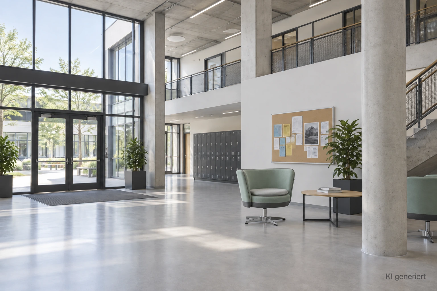 Loungesessel im Schulfoyer KI-generierte Einrichtungsidee: Loungesessel Manny in Salbei im Schulfoyer mit Sichtbeton, Glasfront und Schließfächern.