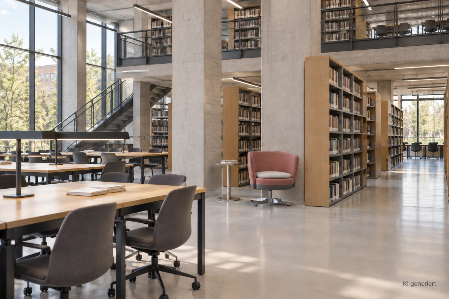 Loungesessel in der Bibliothek KI-generierte Einrichtungsidee: Loungesessel Manny in Ziegelrot zwischen Bücherregalen und Arbeitsplätzen einer Universitätsbibliothek.