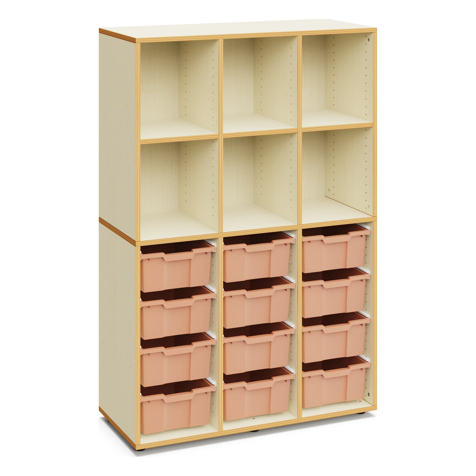 Materialschrank für Schulen ALICE mit 12 hohen Boxen und offenen Fächern – 160 cm hoch mit Boxen in Hellterracotta