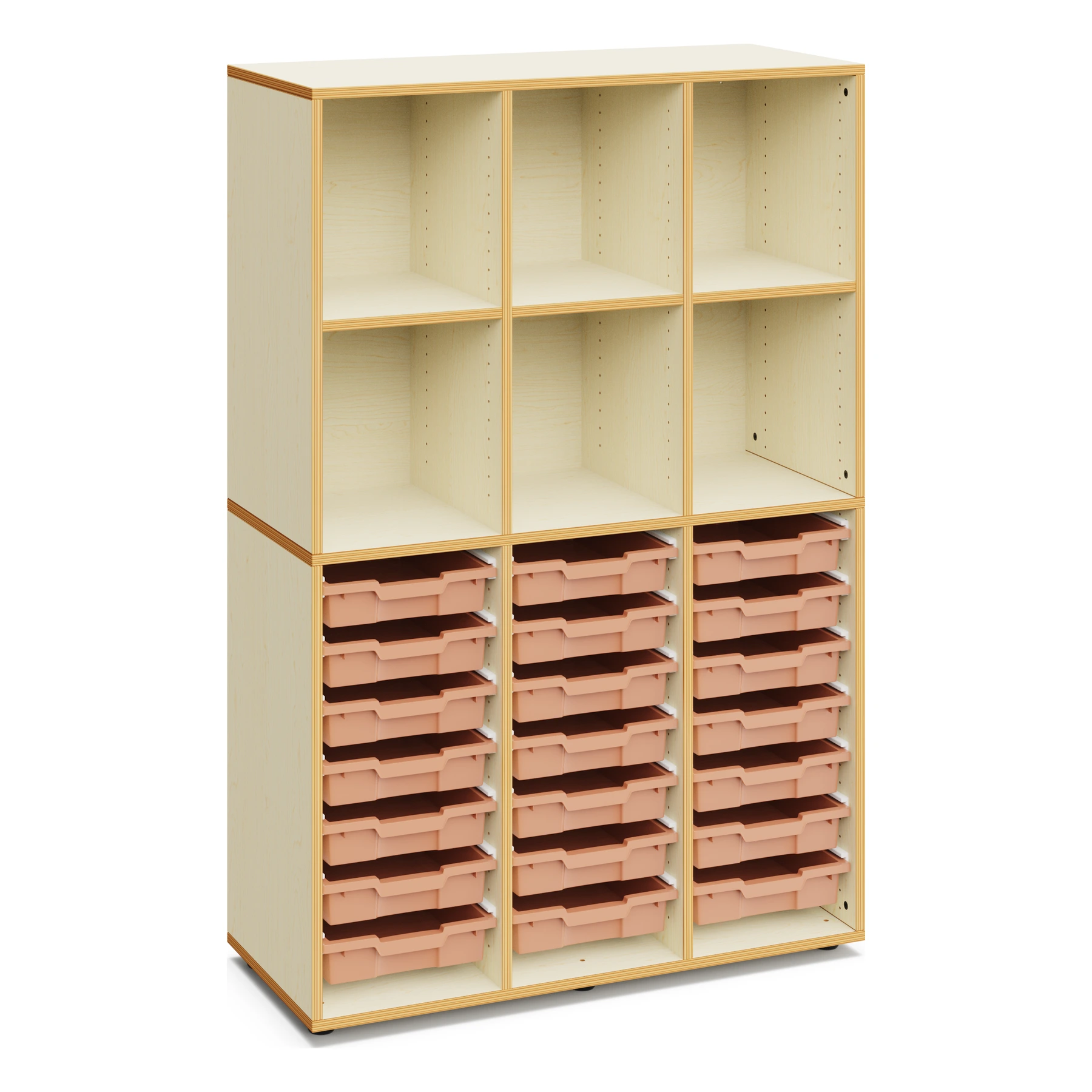 Materialschrank für Schulen ALICE mit 21 flachen Boxen und offenen Fächern – 160 cm hoch mit Boxen in Hellterracotta