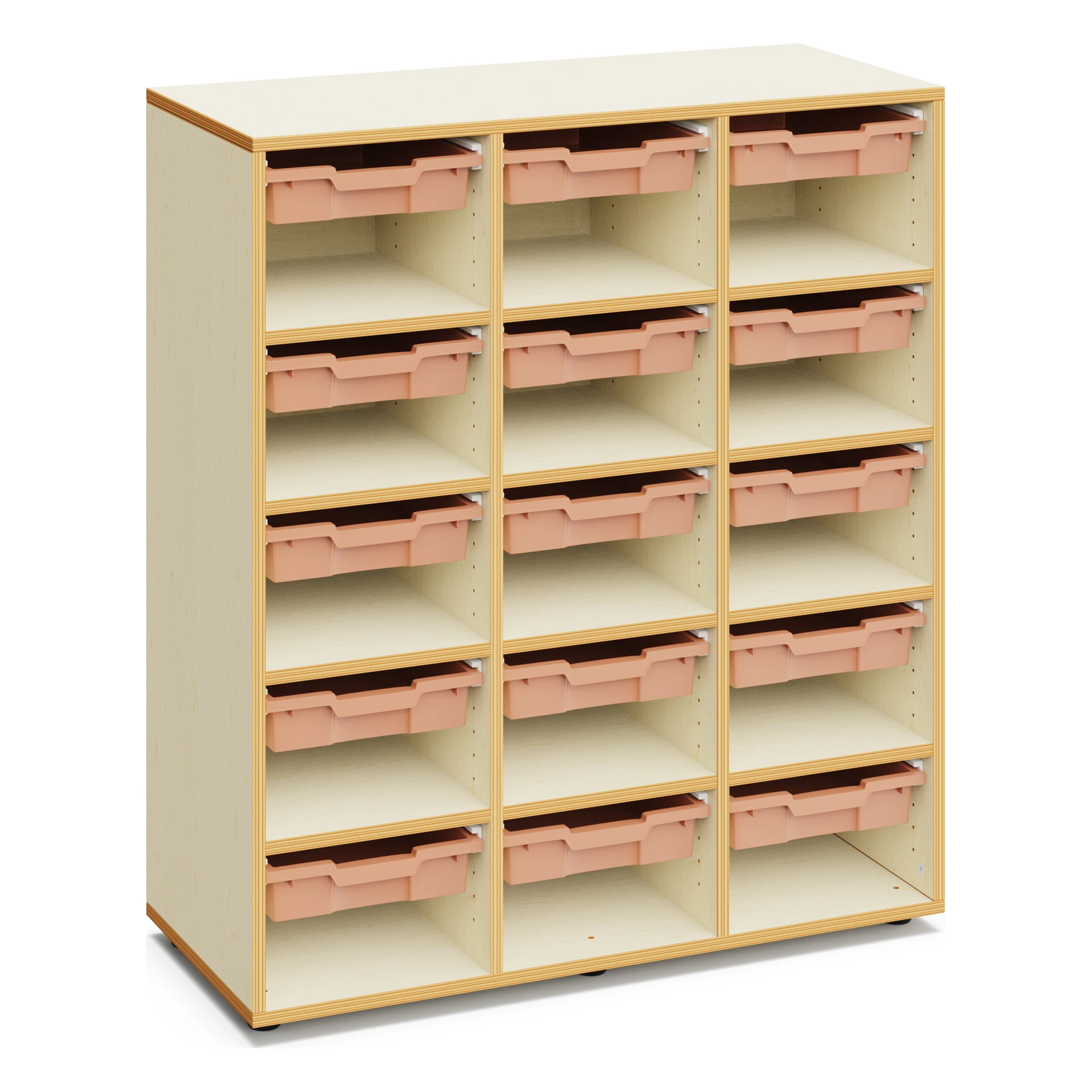 Materialschrank für Schulen ANNIE mit 15 flachen Boxen und offenen Fächern – 120 cm hoch mit Boxen in Hellterracotta