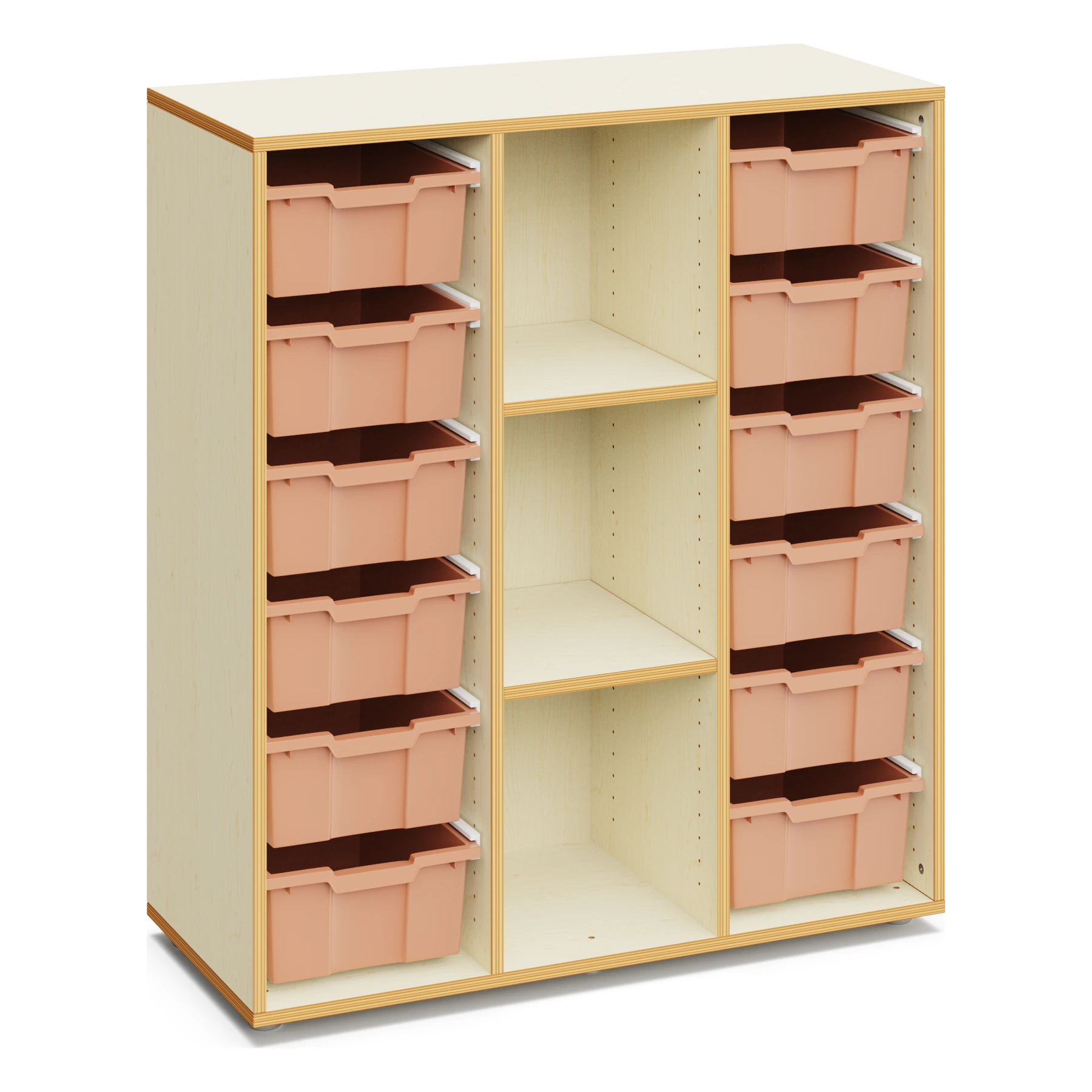 Materialschrank für Schulen BLAIR mit 12 hohen Boxen und offenen Fächern – 120 cm hoch mit Boxen in Hellterracotta