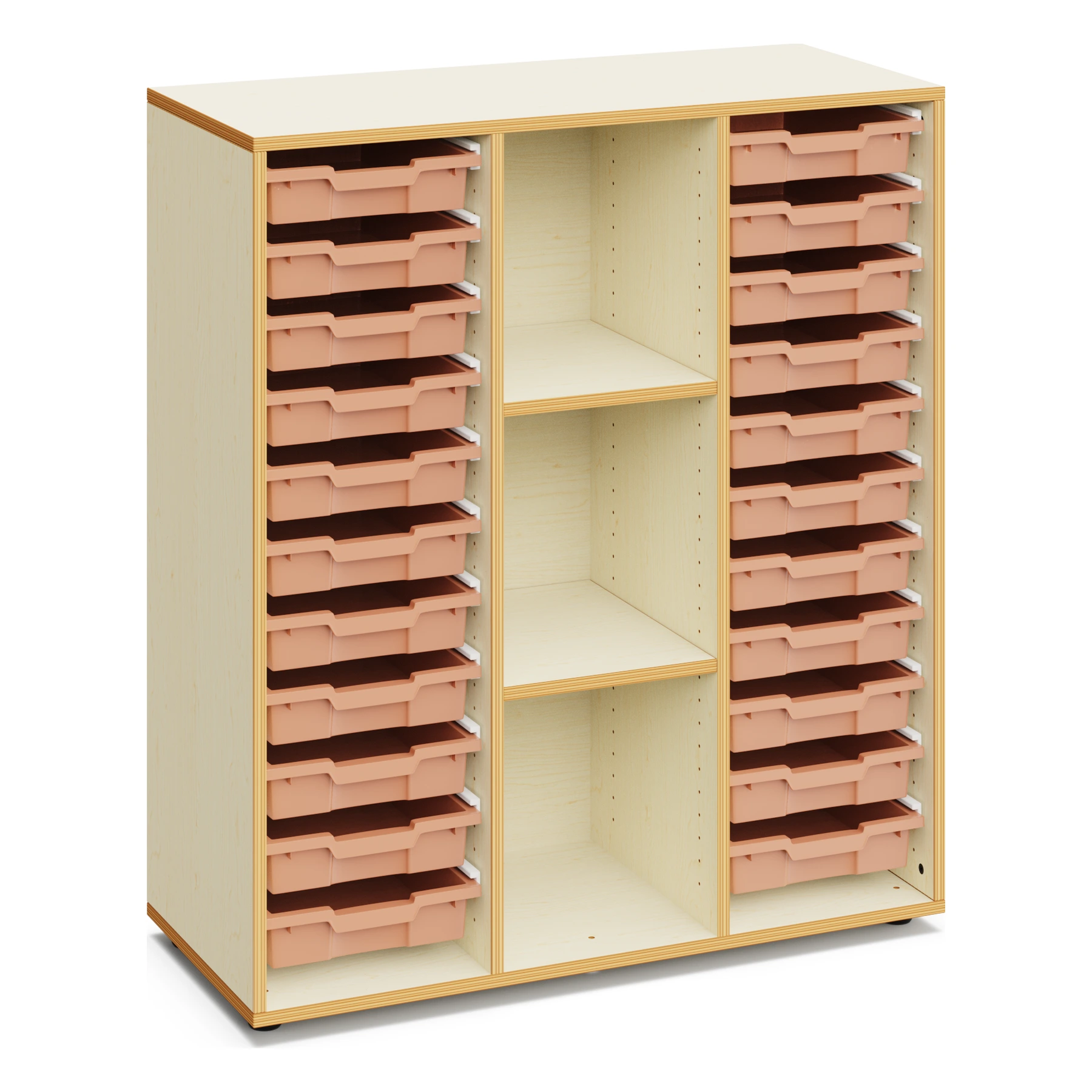 Materialschrank für Schulen BLAIR mit 22 flachen Boxen und offenen Fächern – 120 cm hoch mit Boxen in Hellterracotta