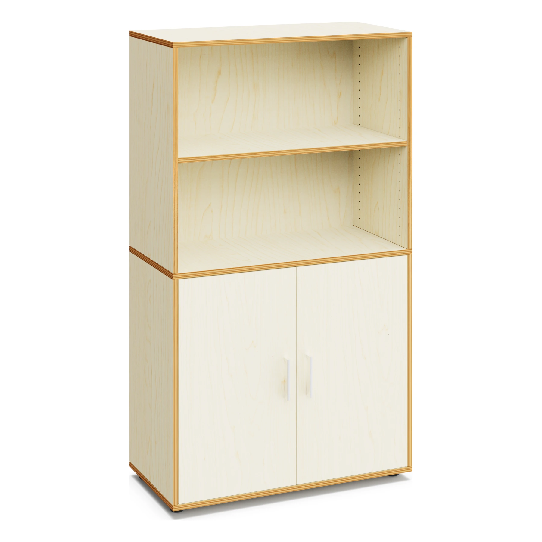 Materialschrank für Schulen FLORA mit offenen Fächern – 160 cm hoch mit Türen in Ahorn