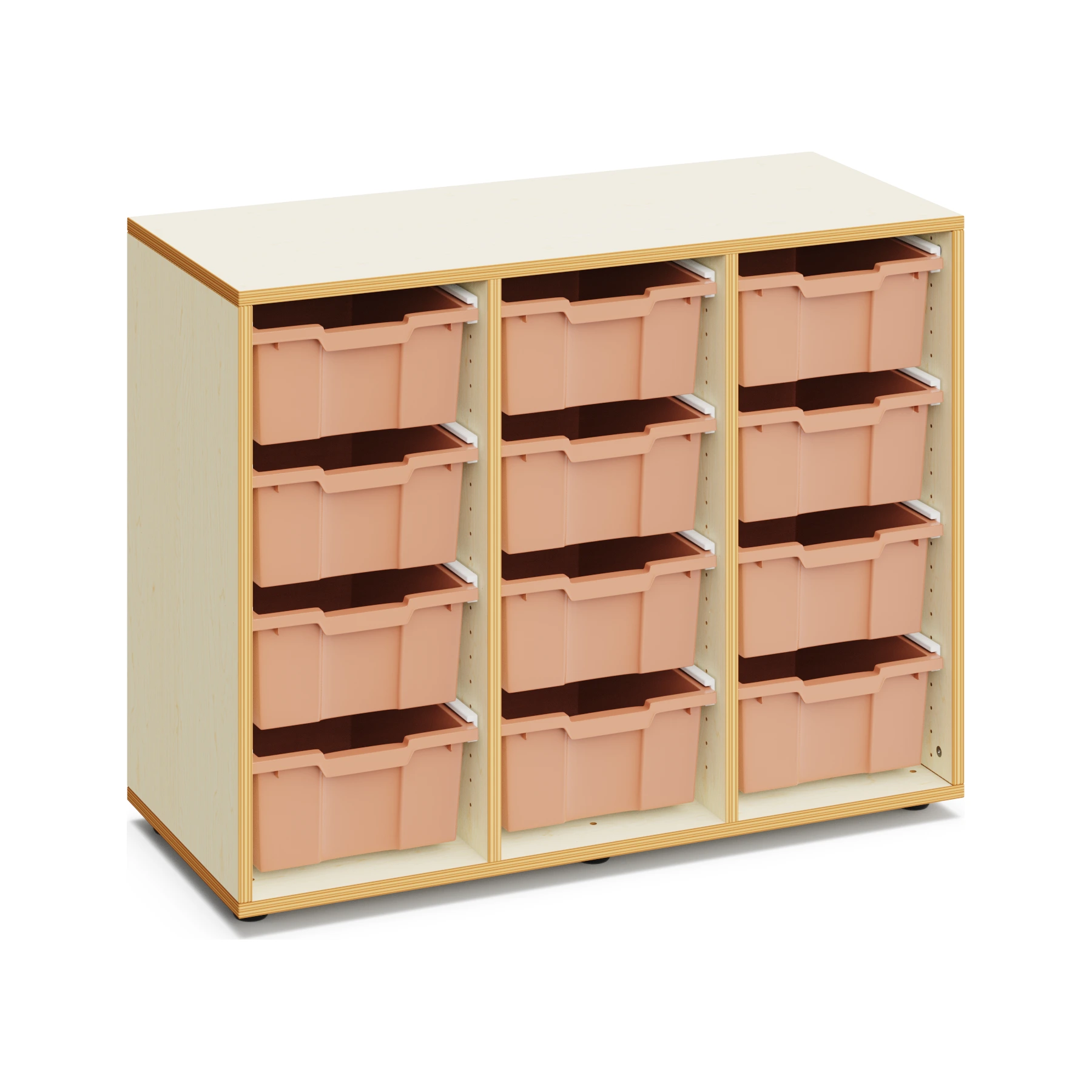 Materialschrank für Schulen GRACE mit 12 hohen Boxen – 80 cm hoch mit Boxen in Hellterracotta
