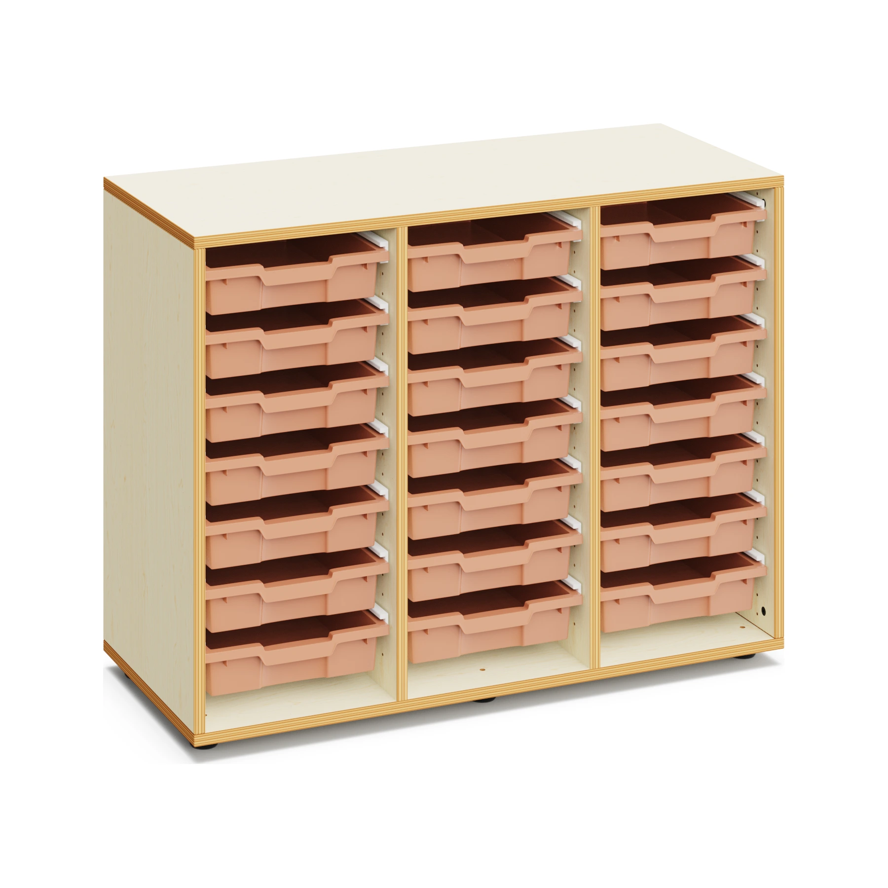 Materialschrank für Schulen GRACE mit 21 flachen Boxen – 80 cm hoch mit Boxen in Hellterracotta
