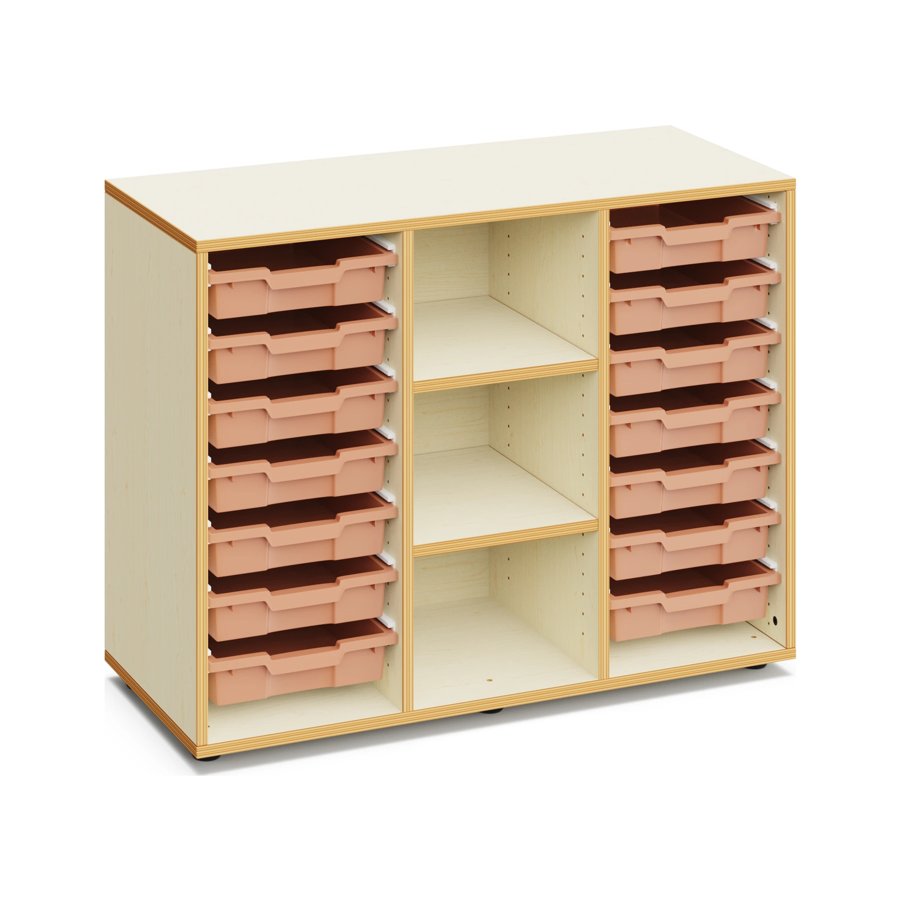 Materialschrank für Schulen LUCY mit 14 flachen Boxen und offenen Fächern – 80 cm hoch mit Boxen in Hellterracotta