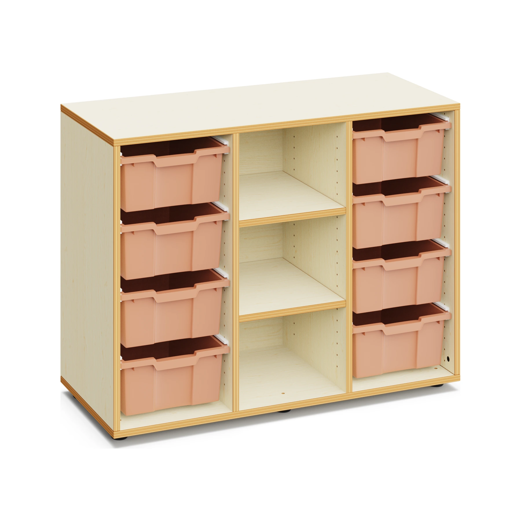 Materialschrank für Schulen LUCY mit 8 hohen Boxen und offenen Fächern – 80 cm hoch mit Boxen in Hellterracotta