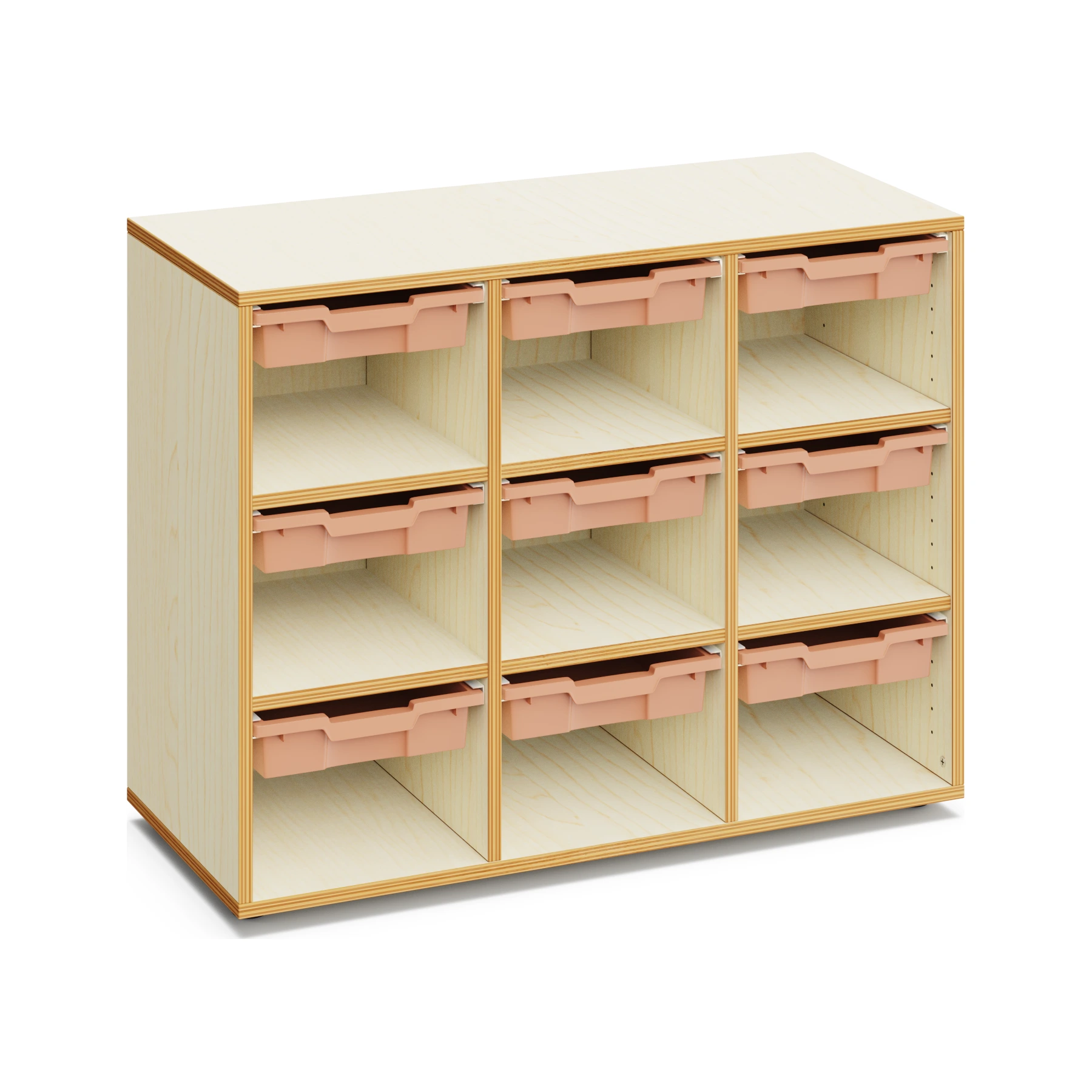 Materialschrank für Schulen MERIT mit 9 flachen Boxen und offenen Fächern – 80 cm hoch mit Boxen in Hellterracotta