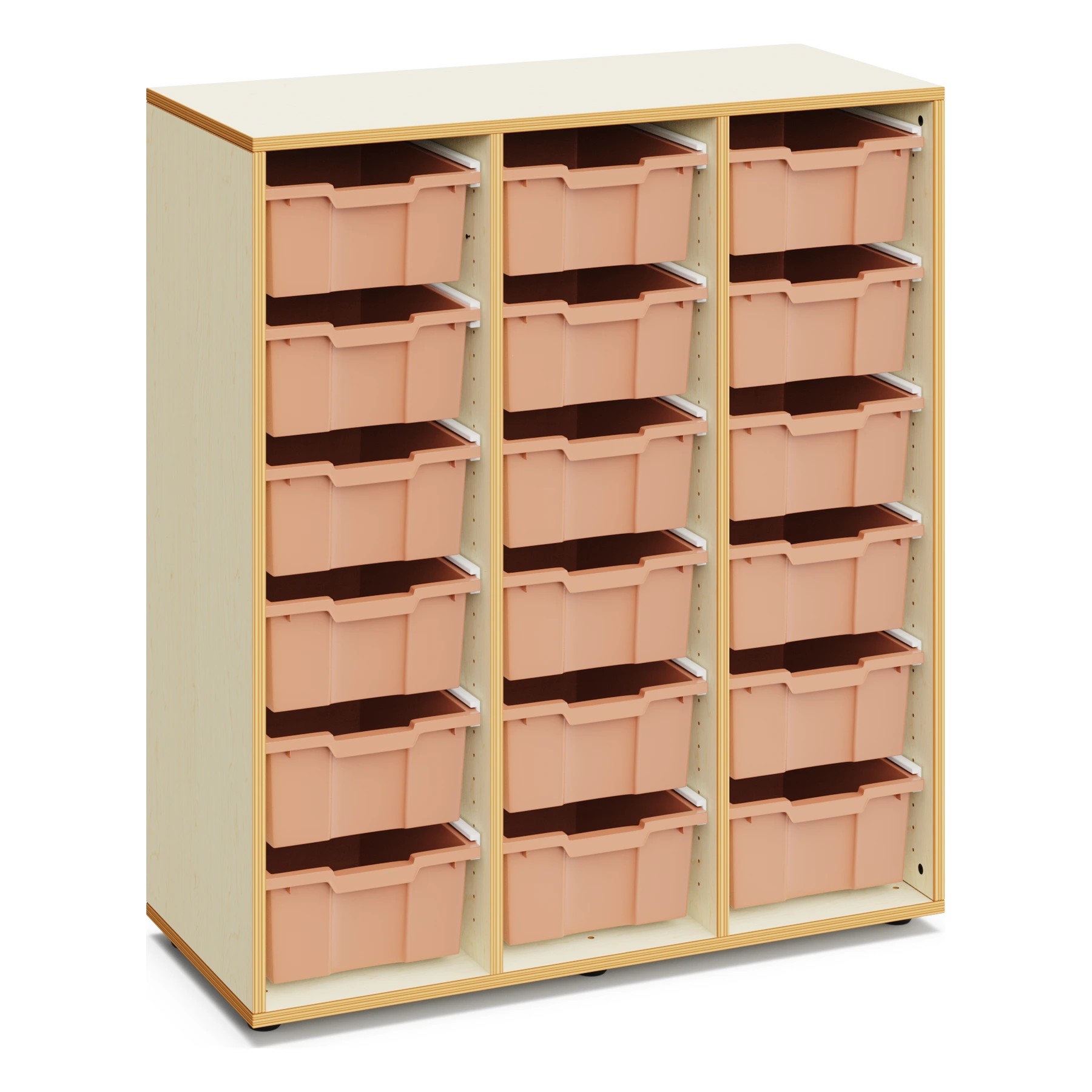 Materialschrank für Schulen SOPHIE mit 18 hohen Boxen – 120 cm hoch mit Boxen in Hellterracotta