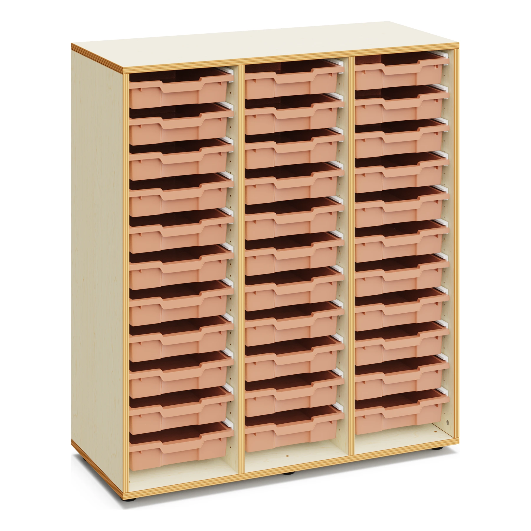 Materialschrank für Schulen SOPHIE mit 33 flachen Boxen – 120 cm hoch mit Boxen in Hellterracotta