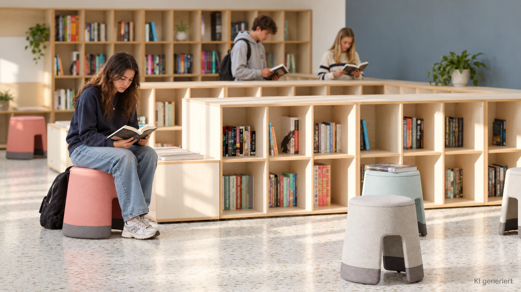 KI-generierte Raumidee: POP-Polsterhocker zwischen Bücherregalen, mit einer lesenden Person auf einem ziegelroten Hocker