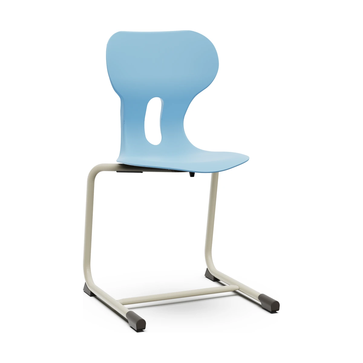 Freischwinger-Schulstuhl mit Griffloch, Sitzschale in Hellblau und warmgrauem Metallgestell