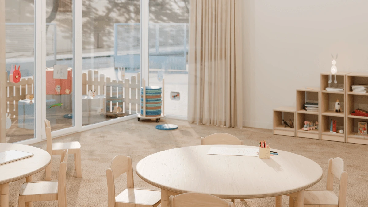 PALM-Aufbewahrungswagen mit Bodenkissen in einem eingerichteten Kinder-Lernraum; Teilansicht des Sets