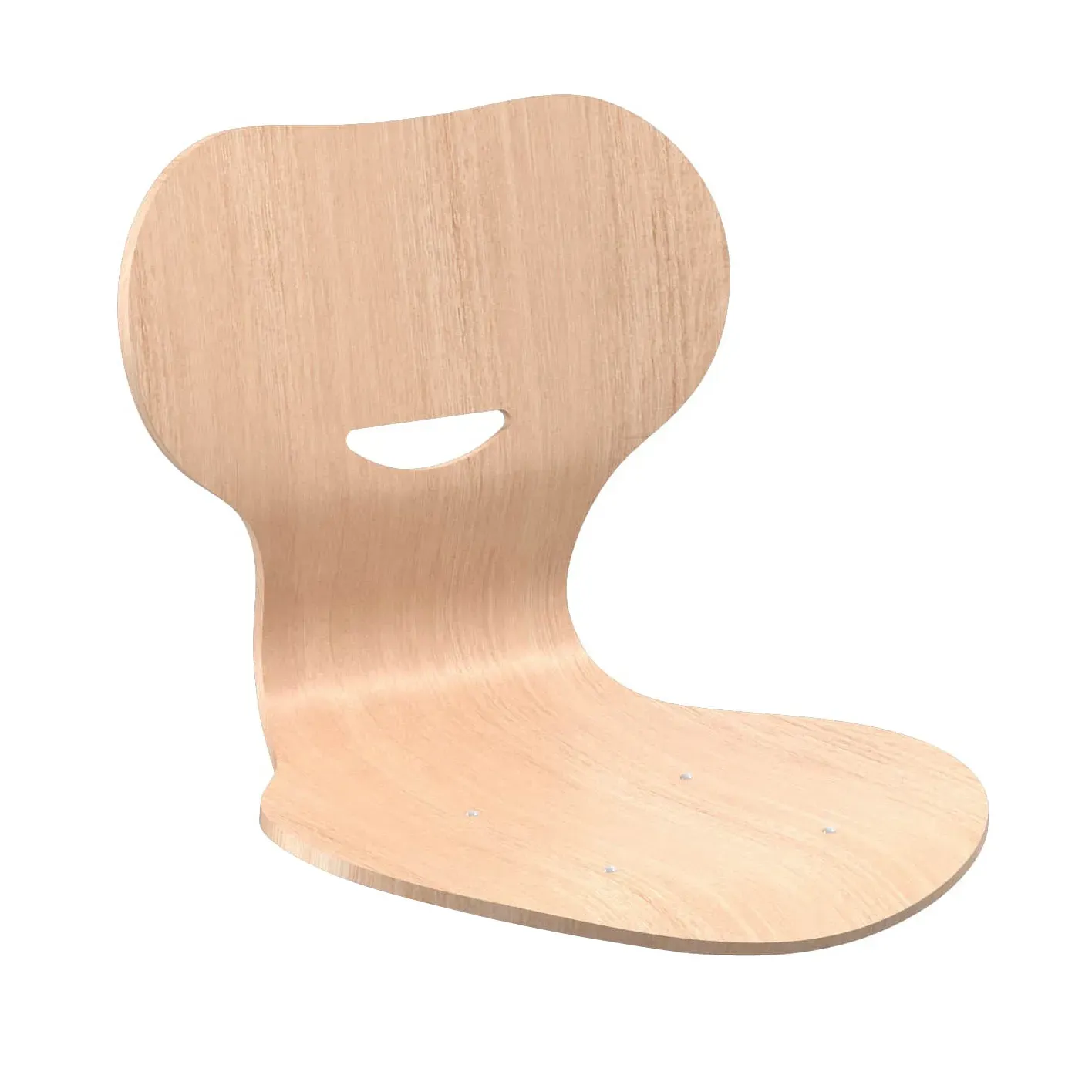 Sitzschale aus hellem Holz mit Grifföffnung und Befestigungsbohrungen, ohne Stuhlgestell