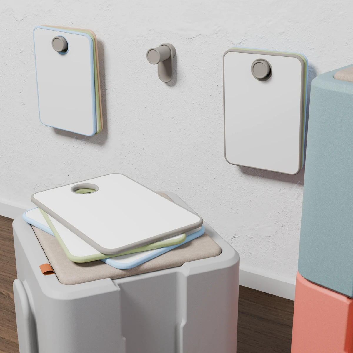 LIKA-Wandhaken mit separat erhältlichen Mini-Whiteboards und weiteren Möbeln