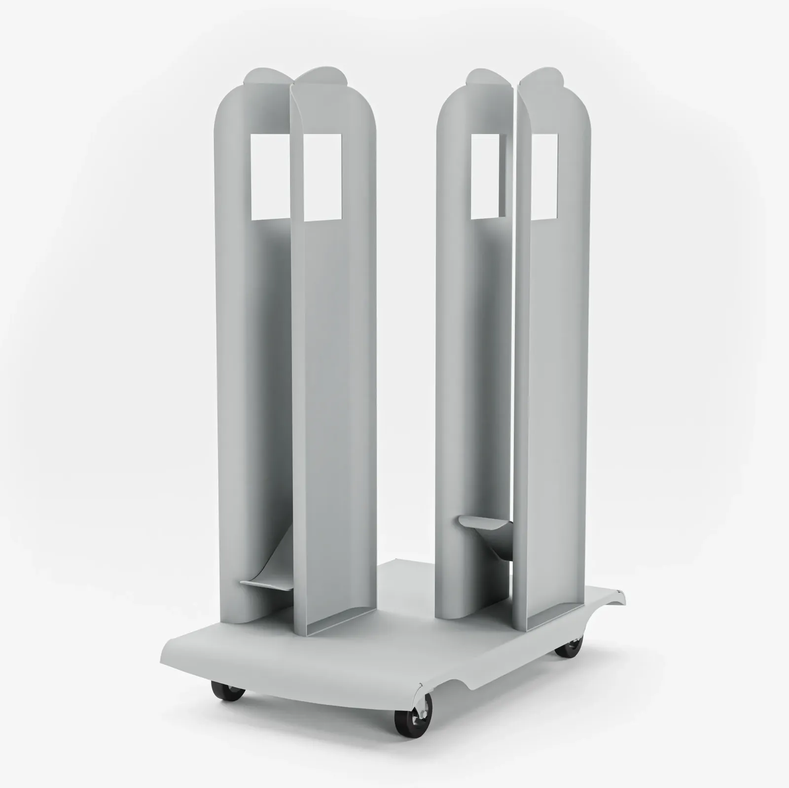 Leerer Z-Tool Transportwagen mit Metallgestell, aufrechten Halteelementen und vier Rollen